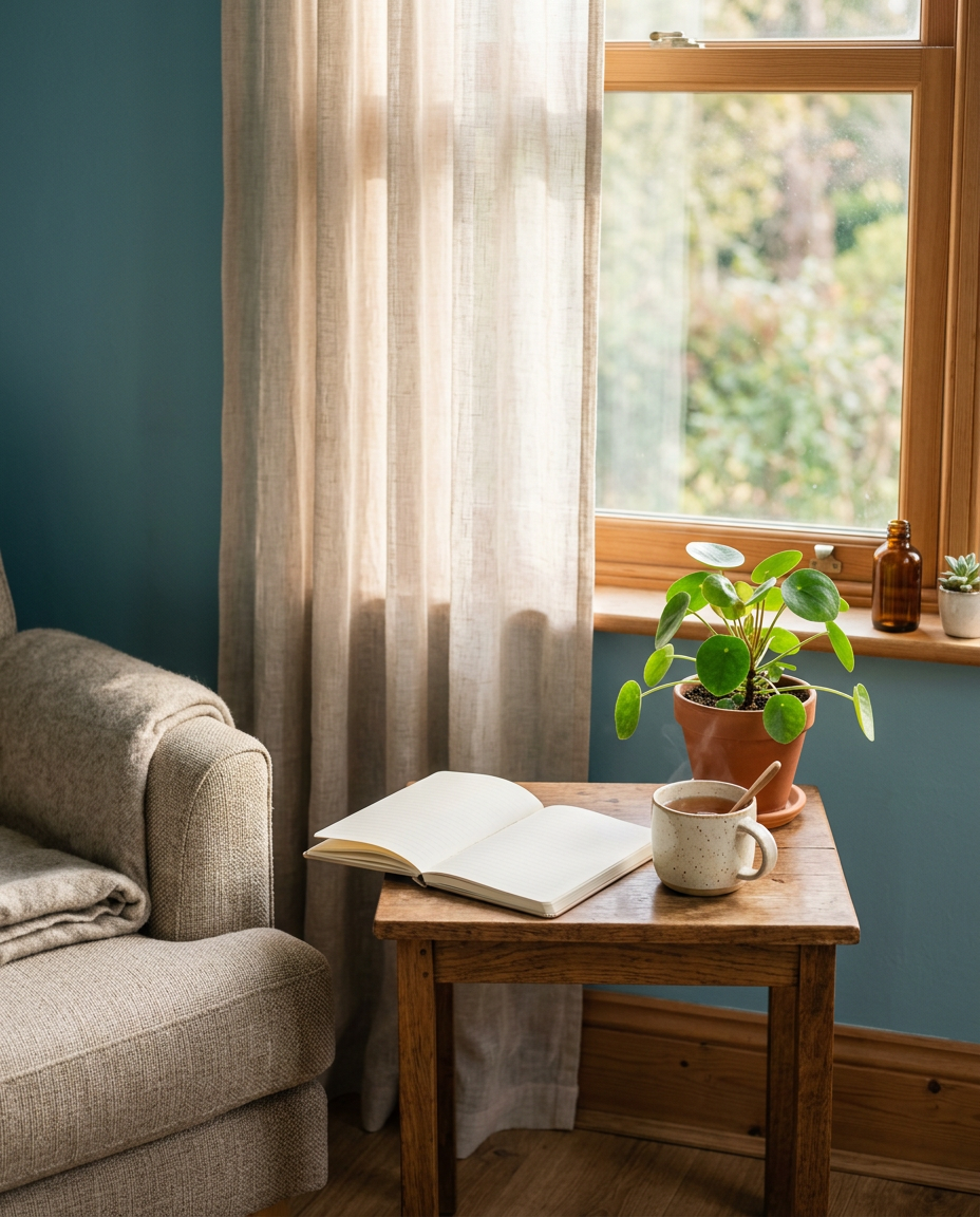 A quiet corner with an open notebook, a cup of tea and a plant by a sunlit window