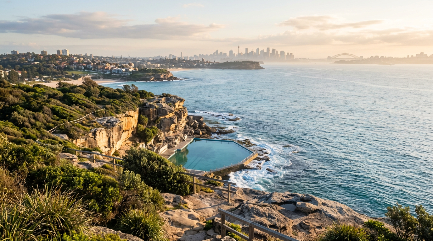 Sydney's eastern coastline with an ocean pool and distant city skyline